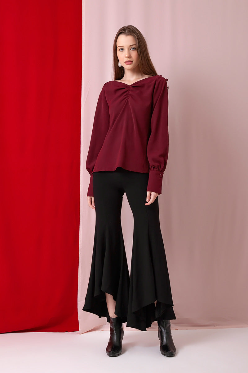 Domani Modest Long Sleeves Top in Red with Slit on Arms Loose Fit in Polyester and Cotton
