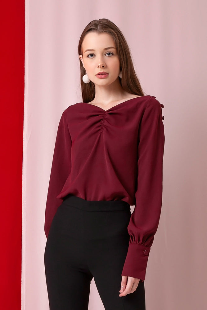 Domani Modest Long Sleeves Top in Red with Slit on Arms Loose Fit in Polyester and Cotton