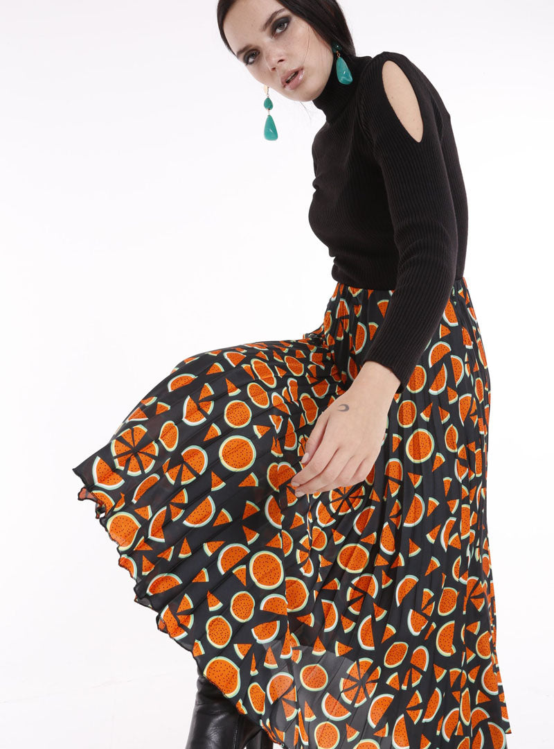STORE WF Pleated Maxi Skirt Modest Loose Fitted Long Skirt with Watermelon Prints and Pleats in Polyester