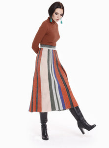 STORE WF Knitted Brocade Maxi Skirt Multicolours Stripes Modest Loose Fitting Long Skirt with Pleats