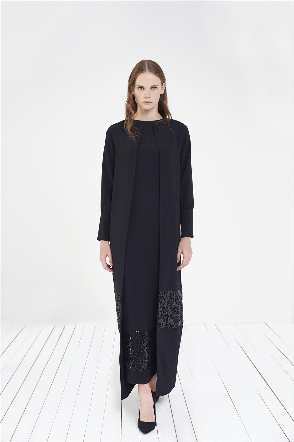 STORE WF Two Piece Dress with Sequin Gridwork Modest Two Piece Maxi Dress with Sequin Details