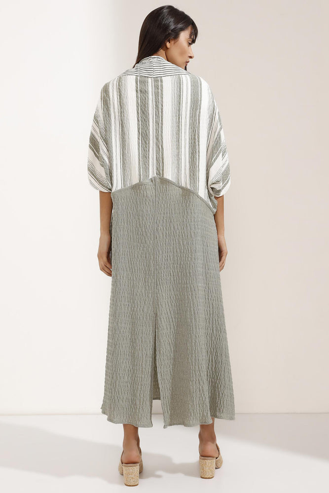 Store WF Tie Front Mix Stripe Linen Kimono in Soft Linen Modest Long and Loose Kimono with Sleeves