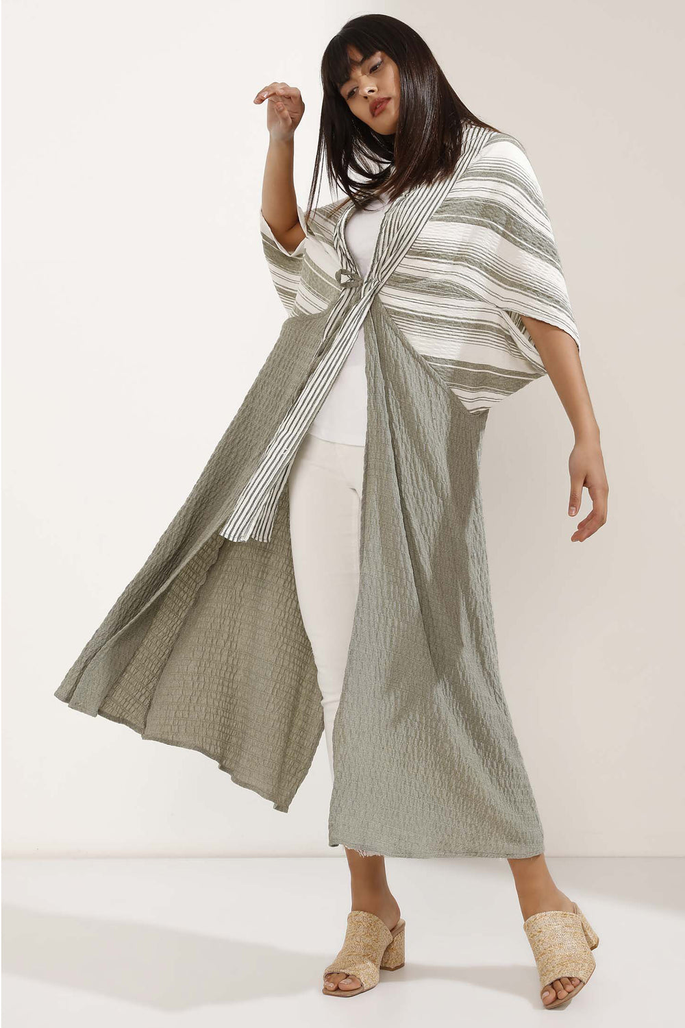 Store WF Tie Front Mix Stripe Linen Kimono in Soft Linen Modest Long and Loose Kimono with Sleeves