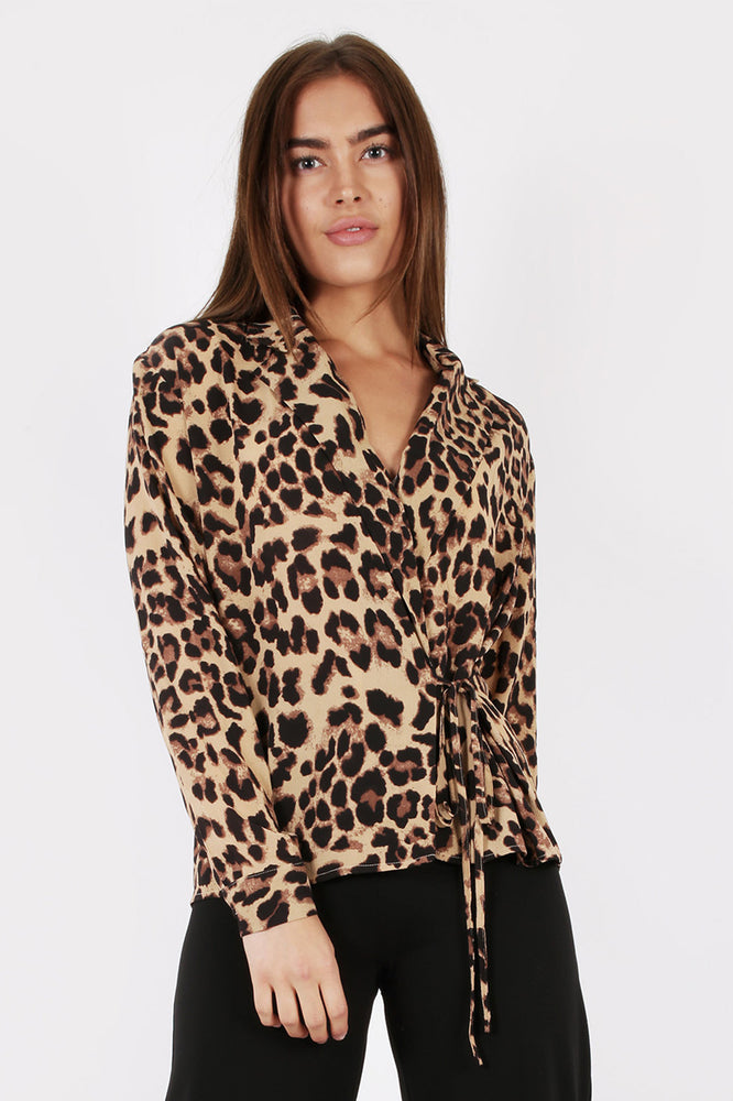 UNIQUE 21 Modest Wrapover Top with Tie Front in Leopard Prints