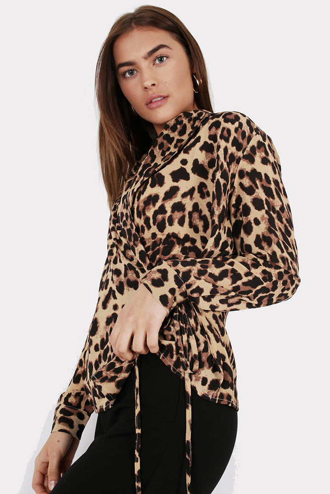 UNIQUE 21 Modest Wrapover Top with Tie Front in Leopard Prints