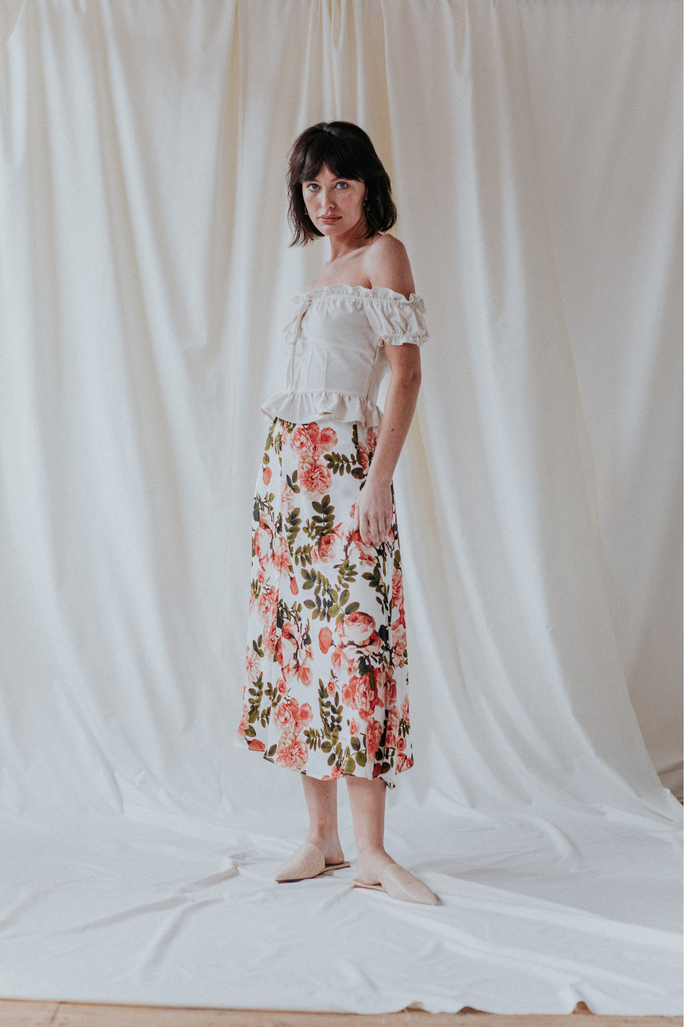 UNIQUE 21 Floral Midi Slip Skirt With Side Slits Modest Below The Knee Skirt Flowy Hem with Pink Flowers Design