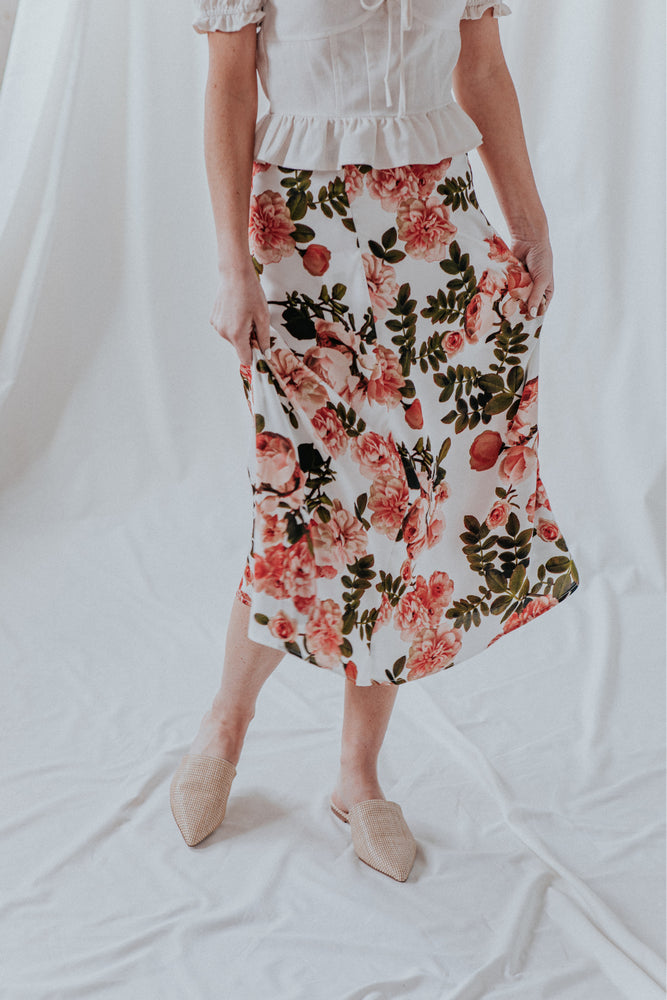 UNIQUE 21 Floral Midi Slip Skirt With Side Slits Modest Below The Knee Skirt Flowy Hem with Pink Flowers Design