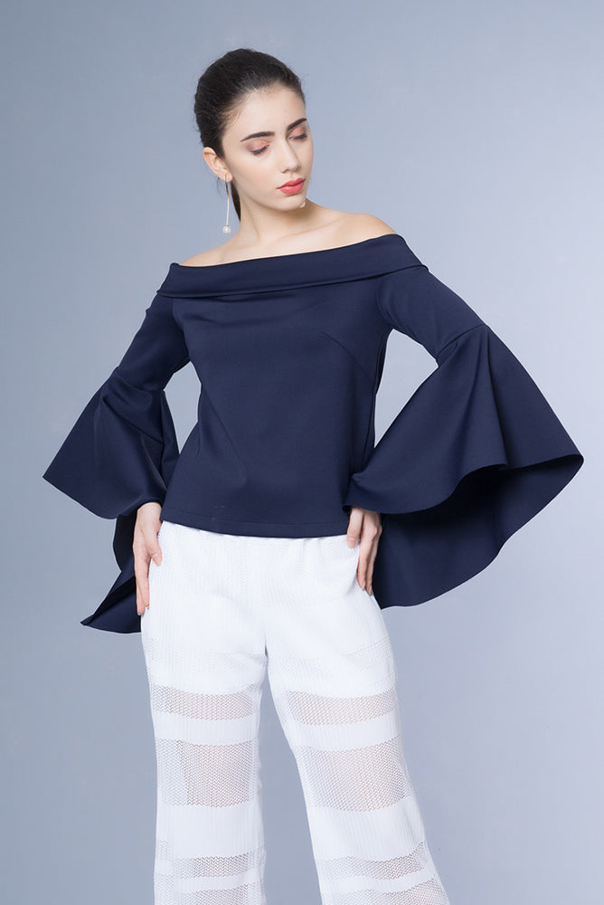 Domani Modest Long Sleeves with Frills Navy Top Off Shoulder in Neoprene Fabric