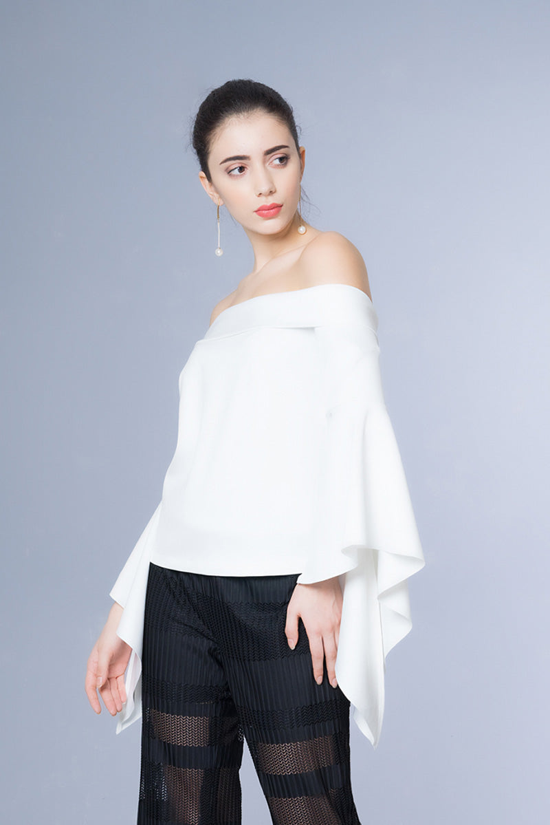 Domani Modest Long Sleeves with Frills White Top Off Shoulder in Neoprene Fabric