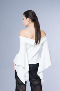 Domani Modest Long Sleeves with Frills White Top Off Shoulder in Neoprene Fabric