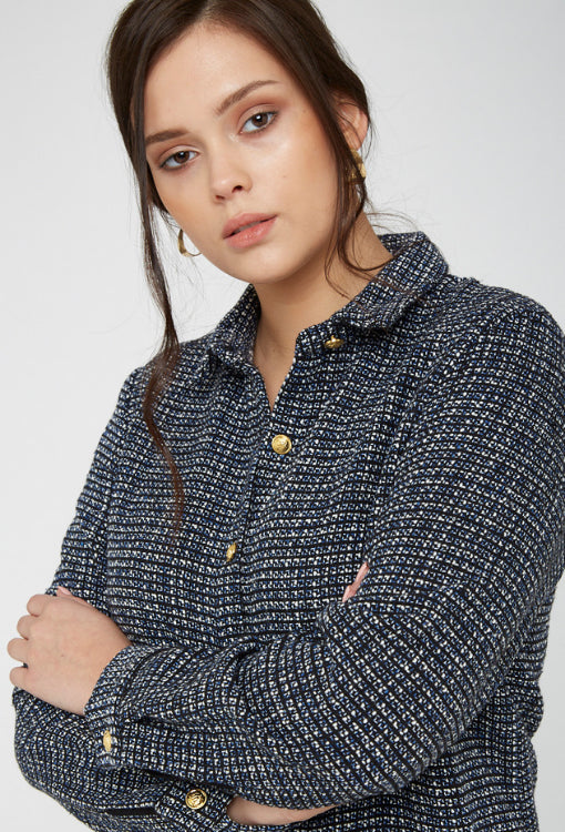 UNIQUE21 Plus Size Tweed Oversized Shirt Dress Modest Long-Sleeved Loose-Fitting Collared Dress in Checkered Black and Blue with Gold Buttons