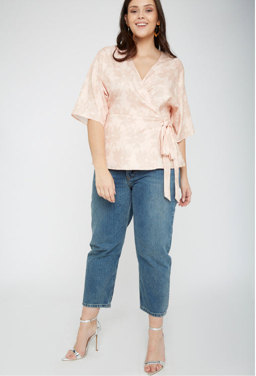 UNIQUE21 Plus Size Jacquard Wrap Top in Pink Modest Loose-Fitting V-Neck Floral Women's Blouse with Mid-Length Sleeves