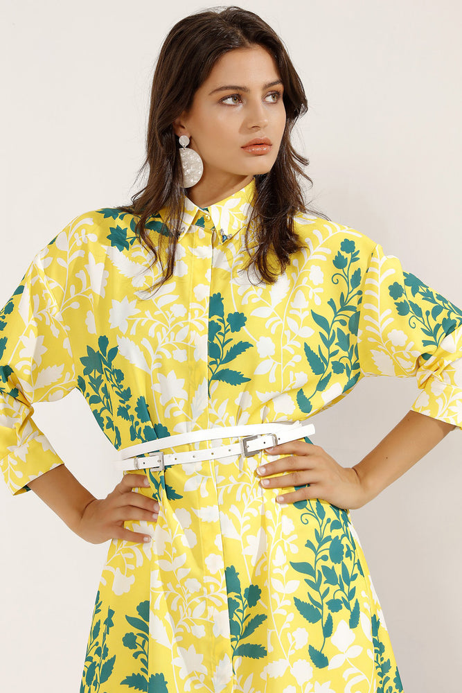 Store WF Yellow Belted Stone Collar Details Midi Dress Modest Yellow Knee Length Shirt Dress with Green Floral Print and Belt