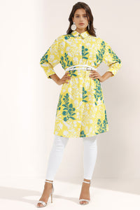 Store WF Yellow Belted Stone Collar Details Midi Dress Modest Yellow Knee Length Shirt Dress with Green Floral Print and Belt