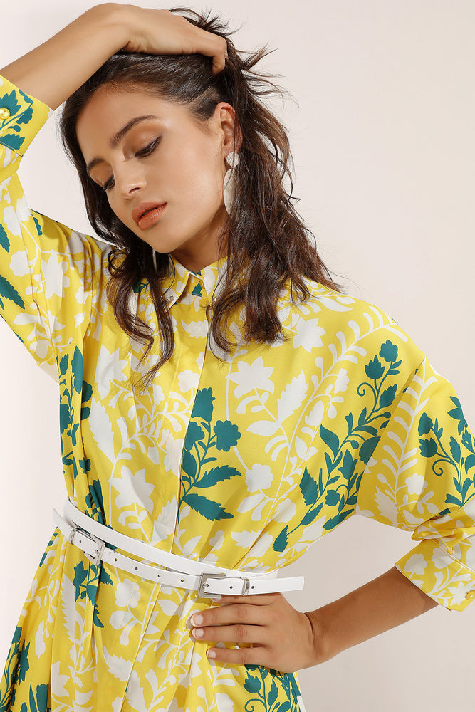 Modest Yellow Belted Stone Collar Details Midi Dress by STORE WF Modest Yellow Belted Stone Collar Details Midi Dress by STORE WF