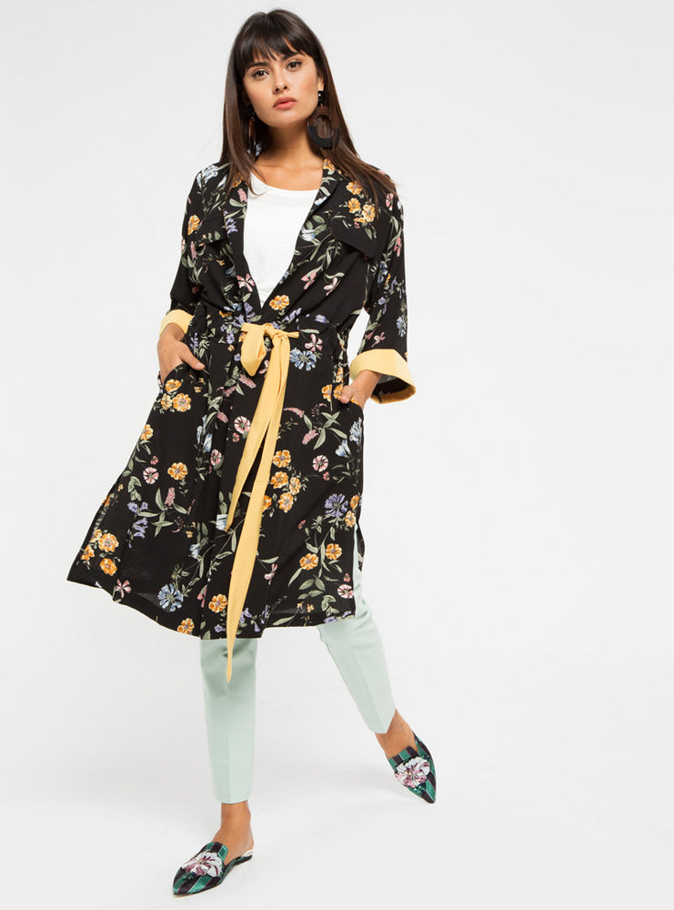 STORE WF Yellow Contrast Tie Front Kimono Modest Long Black Kimono with Sleeves, Floral Prints and Yellow Tie Front 