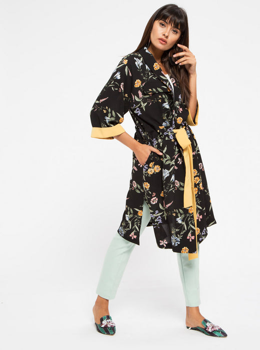STORE WF Yellow Contrast Tie Front Kimono Modest Long Black Kimono with Sleeves, Floral Prints and Yellow Tie Front 