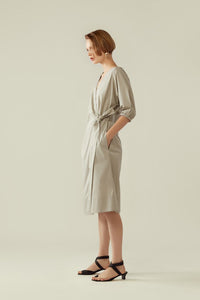 r y e Wrap Dress with Cocoon Sleeve in Earl Grey Modest Knee-Length Loose Fitting Ribbon Waist Dress With Pockets
