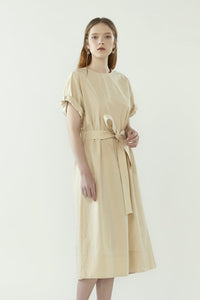 r y e Back Wrap Dress with Belt in Oatmeal Modest Below The Knee Loose Fitted Dress With Pockets, Matching Sash in 100% Cotton