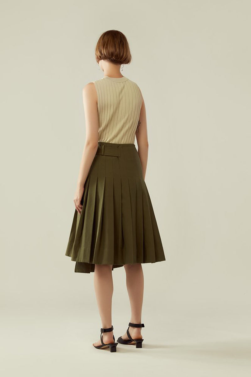 r y e Pleated Asymmetrical Buckled Skirt in Khaki Green Modest Wrap Around Knee-Length Midi Skirt
