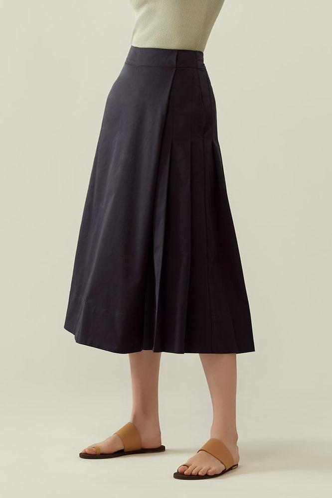 r y e Side Pleated Overlap Culottes in Midnight Blue Modest Below The Knee Skirt Style Pants With Wide Loose Leg and Pleats in Rayon