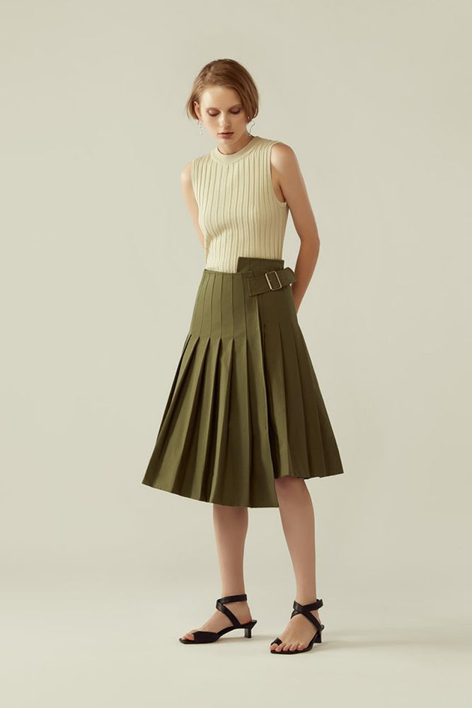 r y e Pleated Asymmetrical Buckled Skirt in Khaki Green Modest Wrap Around Knee-Length Midi Skirt 