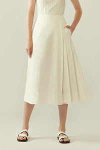 r y e Side Pleated Overlap Culottes in White Modest Wide Leg Below The Knee Trousers Asymmetrical Pleats With Pocket Gartered Back