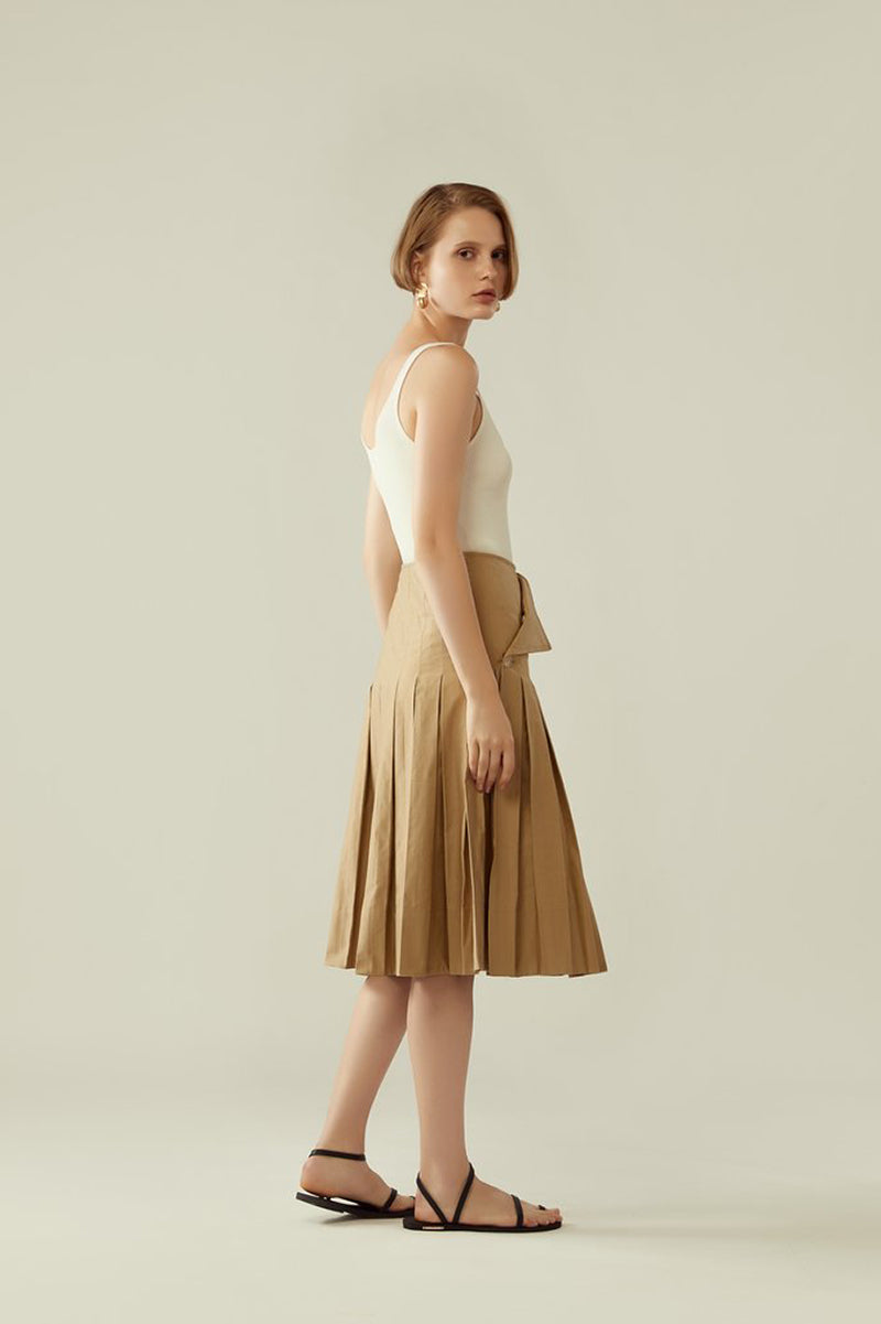 r y e Pleated Wrap Skirt with Flap in Khaki Beige Modest Knee-Length Midi Skirt