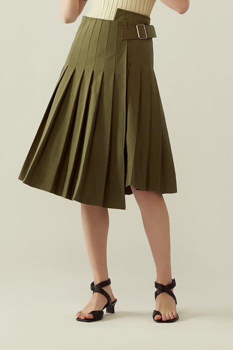 r y e Pleated Asymmetrical Buckled Skirt in Khaki Green Modest Wrap Around Knee-Length Midi Skirt 