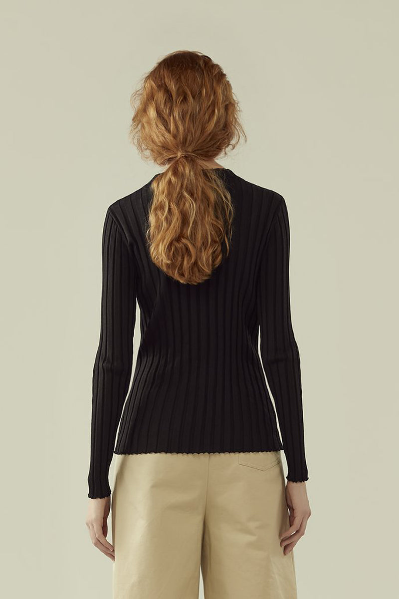 r y e Round Neck Rib Knit Long Sleeve Top in Black Modest Long Blouse Conservative Sleeves Ribbed Fabric in Rayon and Nylon