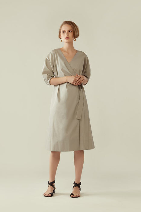 r y e Wrap Dress with Cocoon Sleeve in Earl Grey Modest Knee-Length Loose Fitting Ribbon Waist Dress With Pockets