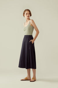 r y e Side Pleated Overlap Culottes in Midnight Blue Modest Below The Knee Skirt Style Pants With Wide Loose Leg and Pleats in Rayon