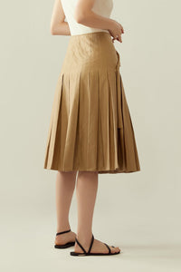 r y e Pleated Wrap Skirt with Flap in Khaki Beige Modest Knee-Length Midi Skirt