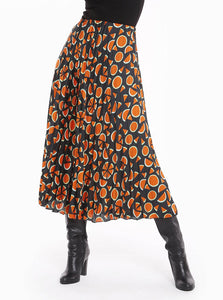 STORE WF Pleated Maxi Skirt Modest Loose Fitted Long Skirt with Watermelon Prints and Pleats in Polyester
