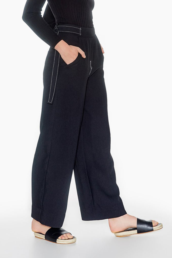 r y e Contrast Stitch Trousers Modest High Waist Culottes Black Loose Pants