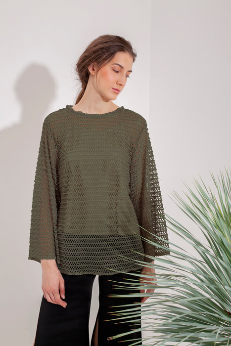 Domani Dune Taupe Top in Olive Modest Loose Fitting Layering Mesh Net Top for Women in Green