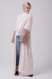 FERADJE open-front abaya with bell sleeves on Silver and Pink its made from crepe and crimped silvery fabric at the cuffs front view