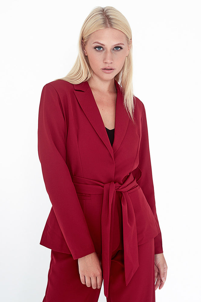 Unique21 Wrap Blazer With Self Tie Belt Modest Formal Red Blazer with Front Pockets and Matching Sash