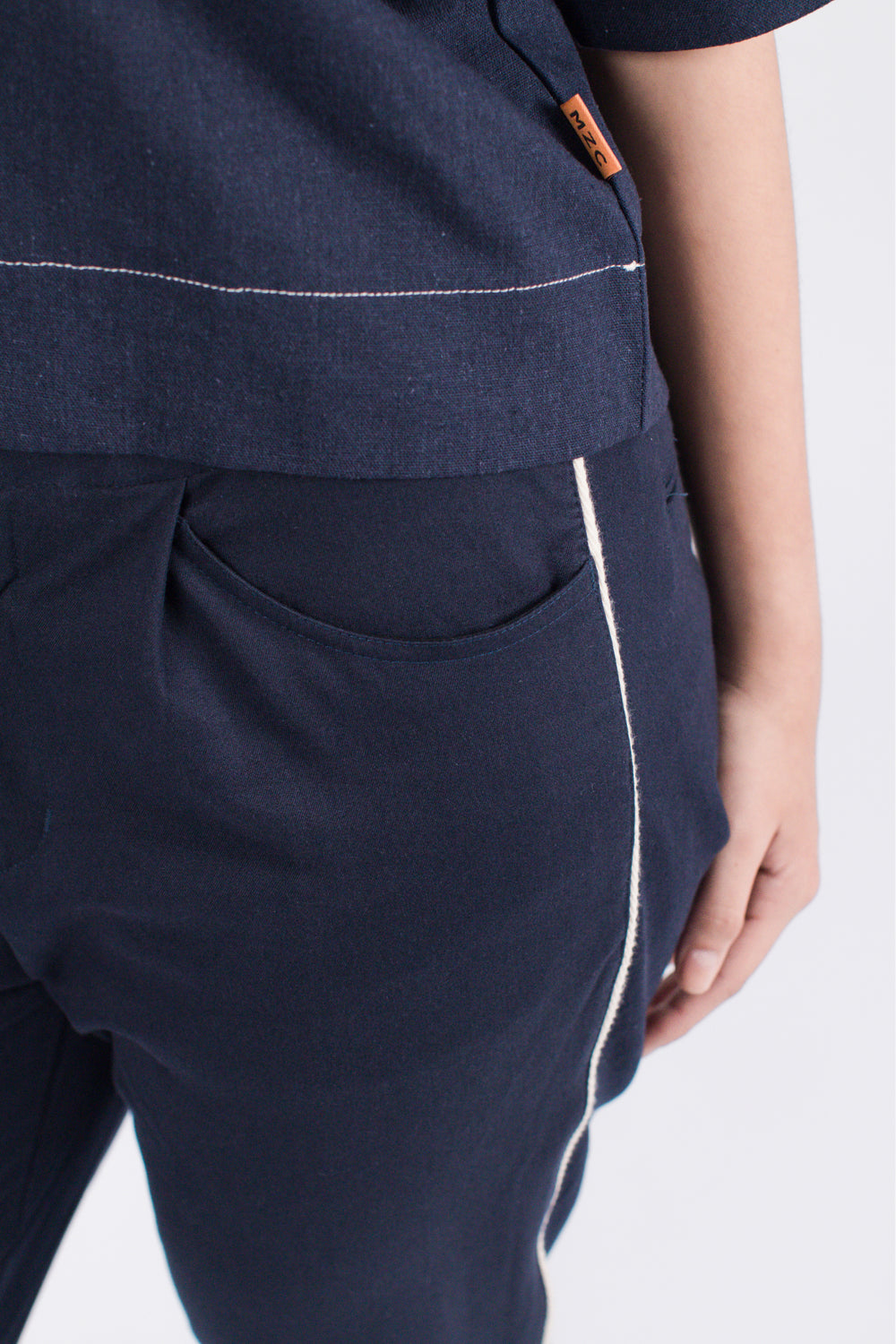 Muzca Esme Ankle Pants Modest Loose Fitting Navy Denim Women Trousers with White Lining and Pockets in 100% Cotton