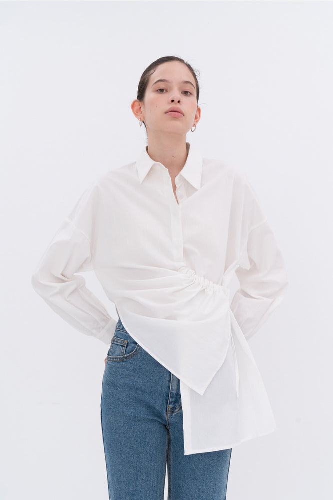 NOTA String Shirring Unbalance Shirt White Modest Asymmetric Front Drape Ladies Loose Fit Top With Long Sleeves 100% Cotton