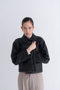 NOTA Stitch Pocket Leather Jacket Black Modest Loose Long-Sleeve Cropped Women's Outerwear With Contrast Stitching Chest Pockets
