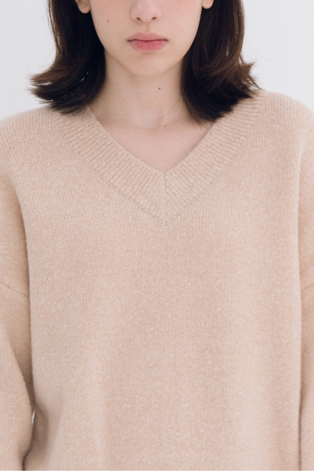 NOTA V Neck Yak Semi Crop Knit Top Beige Modest Loose Long Sleeves Women's Sweater in Wool 