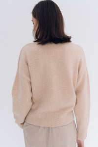 NOTA V Neck Yak Semi Crop Knit Top Beige Modest Loose Long Sleeves Women's Sweater in Wool