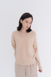 NOTA V Neck Yak Semi Crop Knit Top Beige Modest Loose Long Sleeves Women's Sweater in Wool 