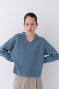 NOTA V Neck Yak Semi Crop Knit Top Blue Modest Loose Women Sweater With Long Sleeves in Wool and Yak