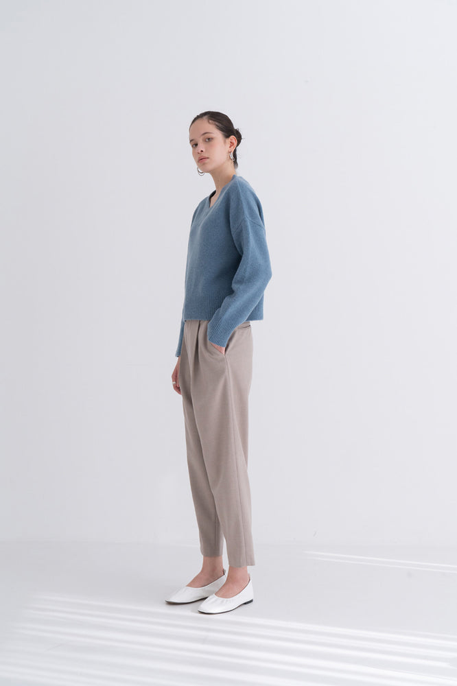 NOTA V Neck Yak Semi Crop Knit Top Blue Modest Loose Women Sweater With Long Sleeves in Wool and Yak