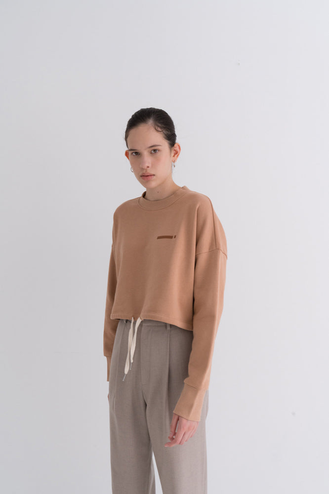 NOTA Essential Bottom String Mtm Beige Modest Loose-Fitted Women's Top With Long Sleeves, Drawstring Hemline in 100% Cotton