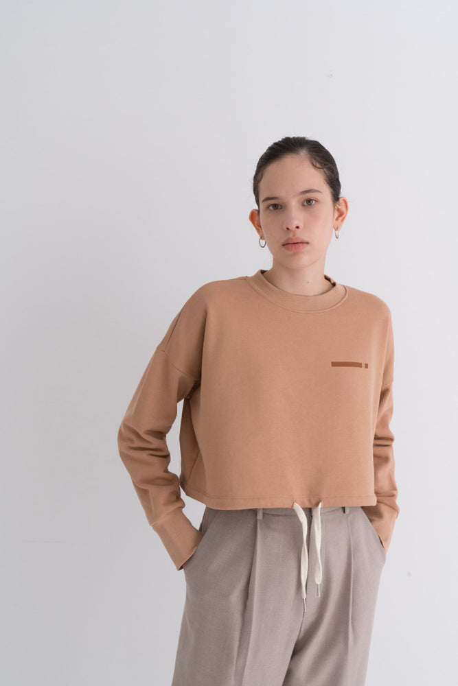 NOTA Essential Bottom String Mtm Beige Modest Loose-Fitted Women's Top With Long Sleeves, Drawstring Hemline in 100% Cotton