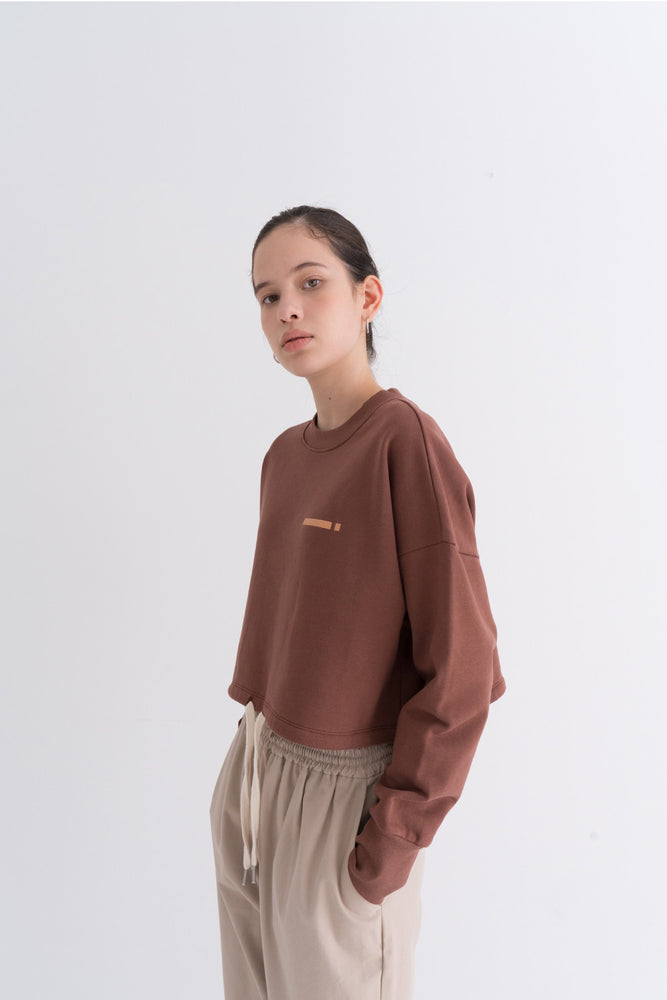 NOTA Essential Bottom String Mtm Brown Modest Loose-Fitting Ladies Top With Drawstring Hemline, Round Neck, Long Sleeves