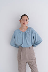 NOTA Double Shirring Cotton Sky Blue Modest Loose-Fitting Women's Top With Pleated Neckline and Cuffs, Loose Long Sleeves
